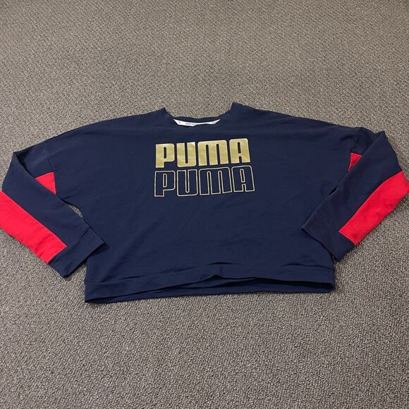 PUMA Shirt Womens Size Small S Cropped Blue Red Long Sleeve - Picture 1 of 8